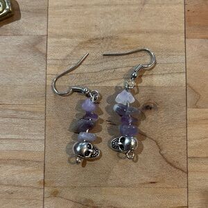 Silver and Amethyst Skull Dangle Earrings